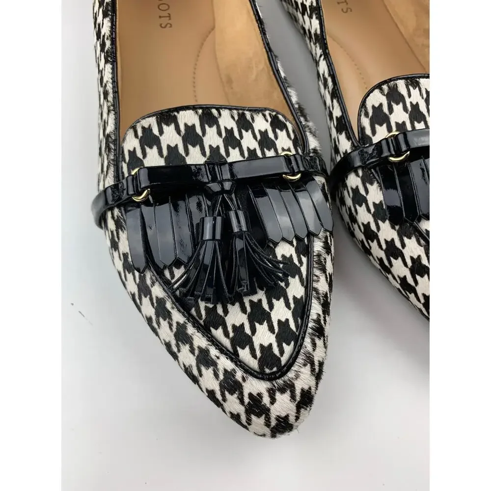 Talbots Flats Black White Houndstooth Calf Hair Tassel Fringe Shoes Women's 10